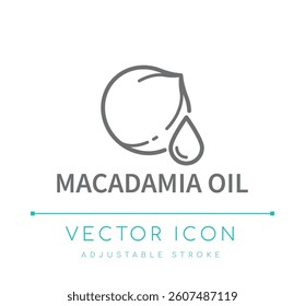 Macadamia Oil Food Line Icon, Nut Vegetable Cooking Oil Types Packaging Label, Food Ingredients Logo