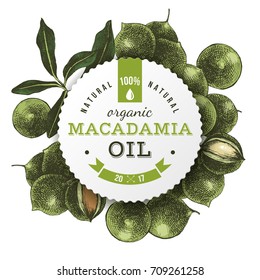 Macadamia oil round label with type design over hand drawn nuts background. Vector illustration