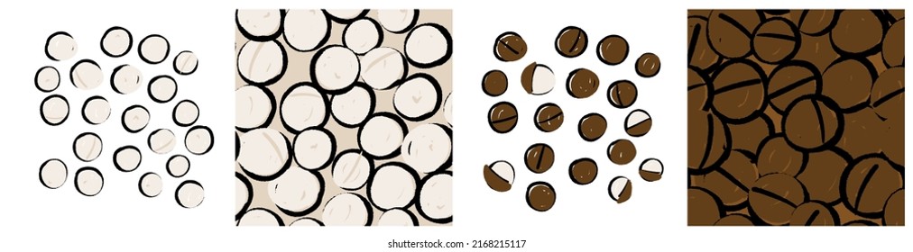 Macadamia, Quinsland nut clipart and background. Delicious snack, healthy food seamless pattern for product packaging print. Hand drawn repeat vector design in abstract trendy style.