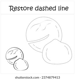 macadamia. Repair the dotted line. Handwriting practice. Educational game for toddlers and preschoolers. Cartoon style. Isolated vector illustration, eps