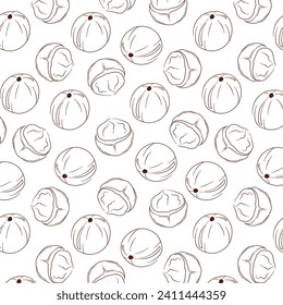 Macadamia seamless pattern in line art style. Nuts design for package, merch, wallpaper, menu. Vector illustration isolated on a white background.