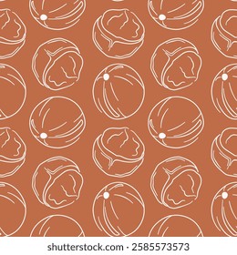 Macadamia seamless pattern in line art style on brown background. Nut hand drawn design for package, merch, wallpaper, menu.