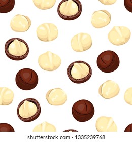 Macadamia Seamless pattern on white background. Vector illustration of nuts in cartoon simple flat style.