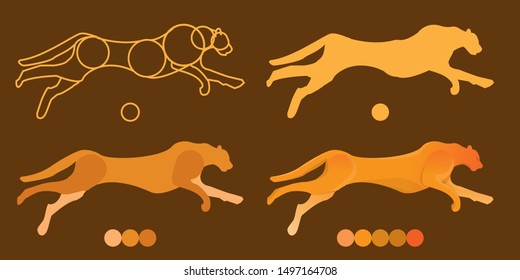 Macan, a tiger image that is divided into four stages of creation from basic to detailed with shadows