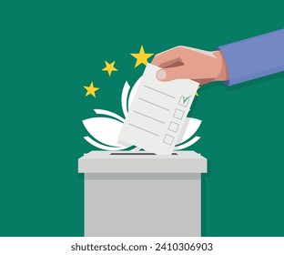 Concepto electoral de Macao. Hand coloca el boletín de votos en la caja de votación.