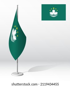 MACAO flag on flagpole for registration of solemn event, meeting foreign guests. MACAO National independence day. Realistic 3D vector on white