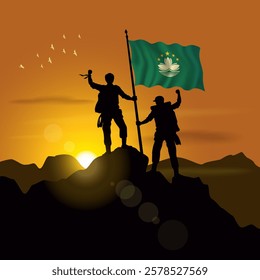 Macao flag, silhouette of two climbers holding flags at sunset