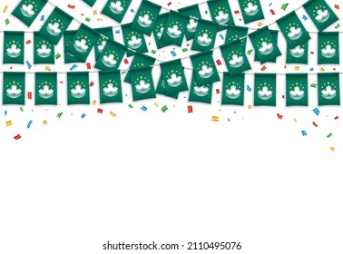 Macao flags garland white background with confetti, Hang bunting for National Day celebration template banner, Vector illustration