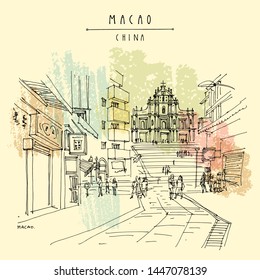 Macao (Macau), China, Asia. View of the ruins of St. Paul's Cathedral and people in the walking street. Shopping area. Travel sketch. Artistic drawing. Vintage hand drawn postcard. Vector illustration