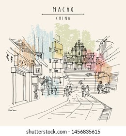 Macao (Macau), China, Asia. View of the ruins of St. Paul's Cathedral and people in the walking street. Shopping area. Travel sketch. Artistic drawing. Vintage hand drawn postcard. Vector illustration