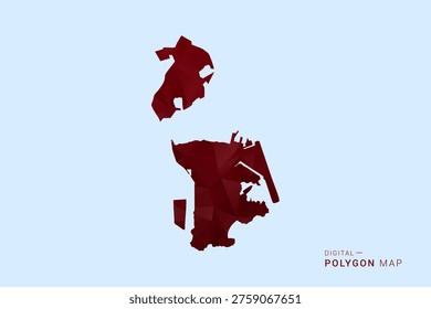 Macao Map - Low poly polygon map in deep red gradient on light blue background, modern minimal geometric design, vector illustration with faceted triangulated style.
