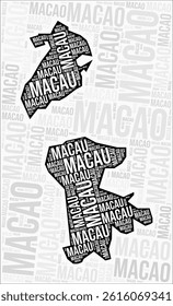 Macao regions map word cloud. Macao region names. Black and white map design. Elegant vector illustration.