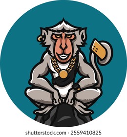 Macaque Boss Wears Gold Jewelry and Holds Phone with his Tail