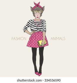  macaque hipster girl, fashion animal illustration