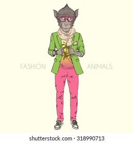 macaque monkey dressed up in cool urban style, hipster animal, furry art illustration