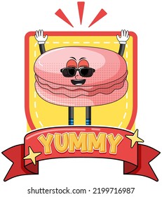 Macaron cartoon character with yummy badge illustration