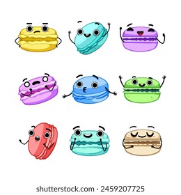 macaron character set cartoon. sweet macaroon, dessert strawberry, waffle toy macaron character sign. isolated symbol vector illustration