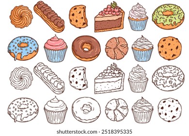 Macaron and cheesecake, cookie, croissant, cupcake and donut with glaze icing dessert vector coloring page for coloring book. Bake sweet dessert