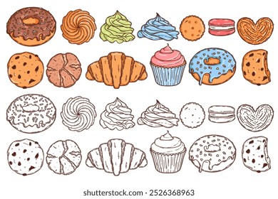 Macaron and cheesecake, cookie, croissant, cupcake and donut with glaze icing dessert vector coloring page for coloring book. Bake sweet dessert