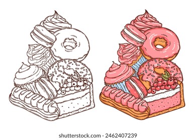 Macarón, pastel de queso, cupcake y donut con glaseado postre Vector para colorear página para colorear libro. Hornea un postre dulce. 