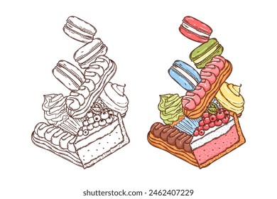 Macaron,  cheesecake, cupcake with glaze icing dessert vector hand drawn coloring page for coloring book. Bake sweet dessert product. 