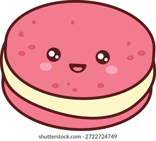 Galleta macarrón con cara linda, relleno de crema y cáscara redonda en dibujos animados de contorno audaz. Símbolo de dulzura, alegría, amor de postre y encanto de panadería. Ilustración vectorial de dibujos animados.