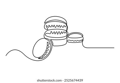 Macaron cookie one continuous line design. Restaurant food menu design concept. Decorative elements drawn on a white background, Macaroons cookies one continuous line art drawing vector illustration