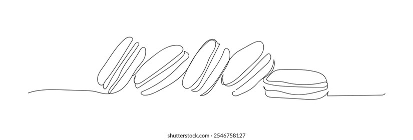 Macaron cookie de una línea continua de diseño. Concepto de diseño de menú de comida de restaurante. Elementos decorativos dibujados sobre un fondo blanco.  Vector hecho a mano, no IA.