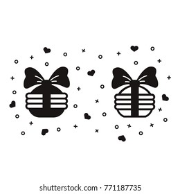 Macaron cookie wrapped with ribbon bow black silhouette. Monochrome icon of popular french macaroon dessert on isolated background. Symbol for menu, advertising, flyers, cards design. 