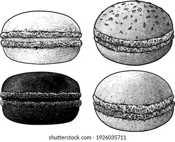 Macaron cookies illustration, drawing, engraving, ink, line art, vector