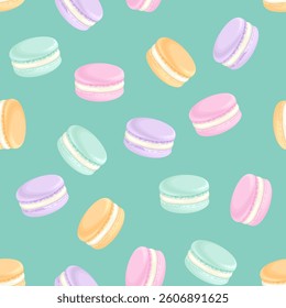 Macaron cookies seamless pattern. Background with colorful French dessert. Vector cartoon flat illustration. 
