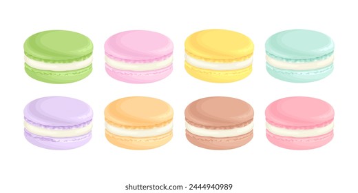 Macaron cookies set. Vector cartoon illustration of colorful French dessert. 