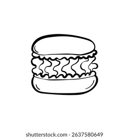 Macaron with cream in simple hand drawn doodle style. Sweet pastry outline icon. Cute minimalist doodle vector illustration. Great for dessert packaging, cafe menus, and sweet branding.