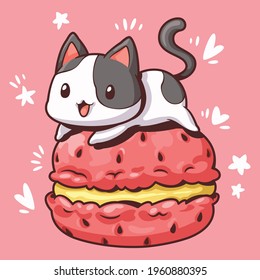 Macaron and cute cat, Black and white cat with red strawberry macaron, Cute design kawaii style, Cute cartoon characters, Macaron girls digital clipart, Printables vector graphics illustrations.
