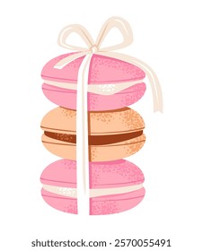 Macaron decorated with a bow and ribbon. Valentine’s Day sweets. Festive romantic treats. A vibrant flat vector illustration.