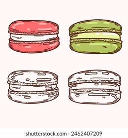 Macaron dessert with cream vector coloring page for coloring book. Bake sweet dessert product. 