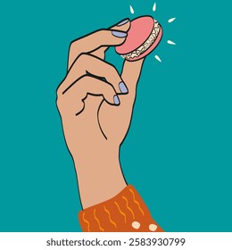 Macaron dessert in hand bright drawing. Hand holding a cookie. Cute cartoon vector illustration. National Macaron Day. Sweet image. Flat art isolated on turquoise background. Delicious treat. For cafe