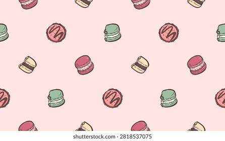 Macaron doodle background. Cookies pattern background. Colorful macaron doodle seamless pattern. Biscuit flavor hand drawn pattern with chocolate, strawberry, vanilla, matcha, creamy.