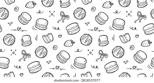 Macaron doodle background. Cookies pattern background. Colorful macaron doodle seamless pattern. Biscuit flavor hand drawn pattern with chocolate, strawberry, vanilla, matcha, creamy.