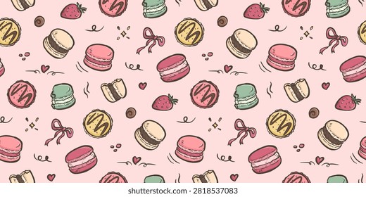 Macaron doodle background. Cookies pattern background. Colorful macaron doodle seamless pattern. Biscuit flavor hand drawn pattern with chocolate, strawberry, vanilla, matcha, creamy.