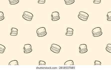 Macaron doodle background. Cookies pattern background. Colorful macaron doodle seamless pattern. Biscuit flavor hand drawn pattern with chocolate, strawberry, vanilla, matcha, creamy.