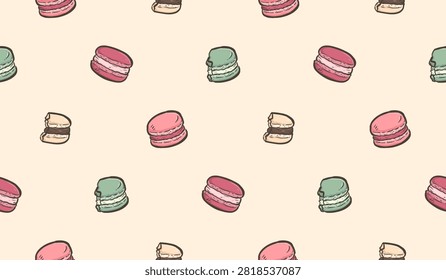 Macaron doodle background. Cookies pattern background. Colorful macaron doodle seamless pattern. Biscuit flavor hand drawn pattern with chocolate, strawberry, vanilla, matcha, creamy.