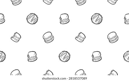 Macaron doodle background. Cookies pattern background. Colorful macaron doodle seamless pattern. Biscuit flavor hand drawn pattern with chocolate, strawberry, vanilla, matcha, creamy.