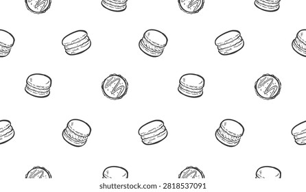 Macaron doodle background. Cookies pattern background. Colorful macaron doodle seamless pattern. Biscuit flavor hand drawn pattern with chocolate, strawberry, vanilla, matcha, creamy.