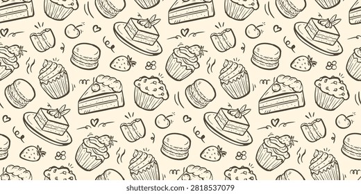 Macaron doodle background. Cupcake pattern background. Cake doodle seamless pattern. Sweet desert flavor hand drawn pattern with chocolate, strawberry, vanilla, matcha, creamy.