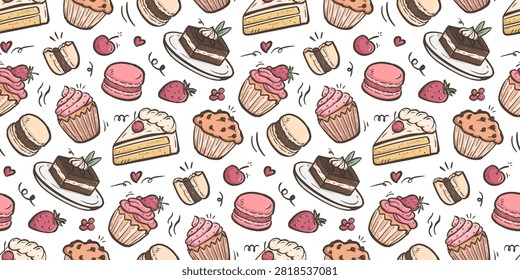 Macaron doodle background. Cupcake pattern background. Cake doodle seamless pattern. Sweet desert flavor hand drawn pattern with chocolate, strawberry, vanilla, matcha, creamy.