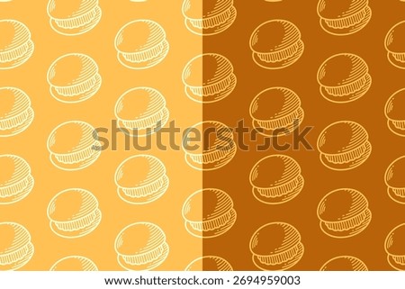 Macaron engraving pattern on yellow tan background set. Creamy cookie sandwich doodle pattern background. Sweet biscuit, Whoopie pie hatching motif wallpaper. Bakery and pastry merchandise