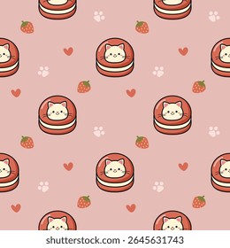 Macaron cara gato desenho animado tão bonito. No coração de morango pegada fundo rosa. Ilustração de vetor uniforme de padrão. 