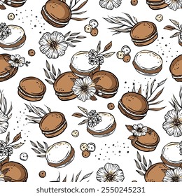 Macaron flower french pastry bakery seamless pattern vector