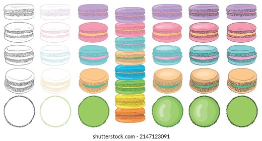 Macaron or French macaroon. Сakes illustration set.Different types of sweet pastries. Tradicional French sweet treat drawing. Cute hand drawn vector illustration.